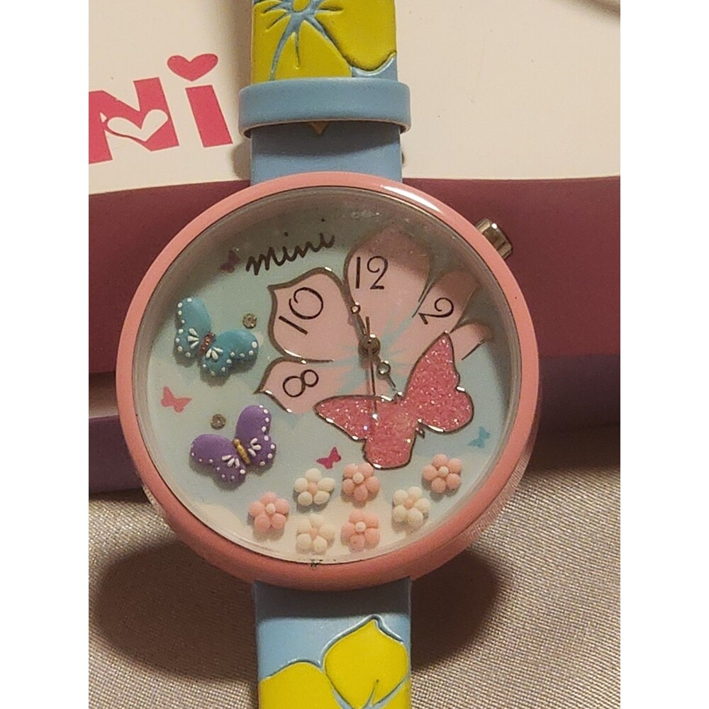Mini Brand Handcrafted Watch - Butterflies & Flowers Theme with Blue Band